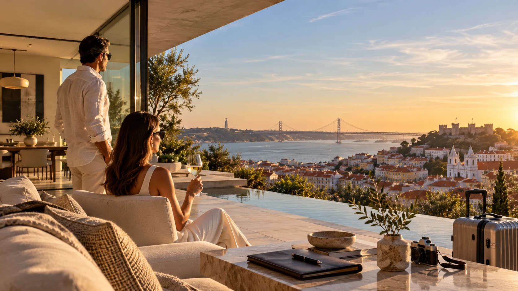 International clients overlooking Lisbon from a contemporary residence